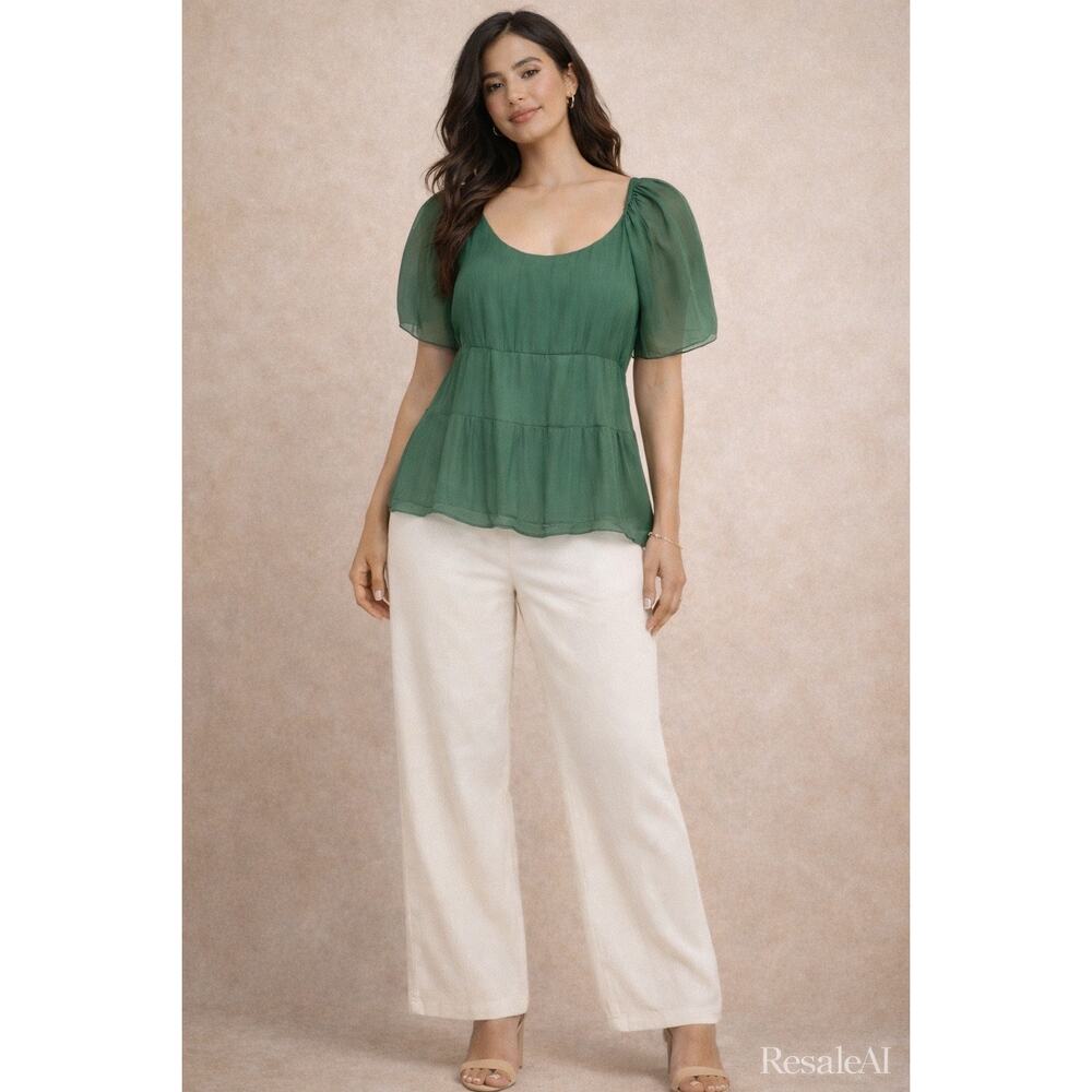 Stella McCartney Green Silk Tiered Blouse Puff Sleeve 100% Silk sz 40 US S/M